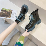 QWEEK Winter Martens Plus Velvet Boots Short Black Blue Women 2021 Platform British Style Rock Ladies Shoes Designer Rubber
