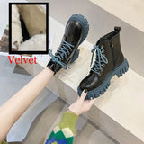 QWEEK Winter Martens Plus Velvet Boots Short Black Blue Women 2021 Platform British Style Rock Ladies Shoes Designer Rubber