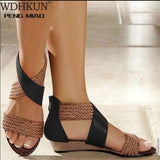 Fashion New Fish Mouth Leather Canvas Women Weave Wedge Heel Shoes Zipper Sandals Casual Beach Sandals Roman Shoes