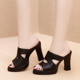 MURIOKI Plus Size 34-40 High Heels Slippers Women Platform Shoes Summer 2022 Block Heel Leather Slides Ladies Office Slippers