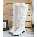 Women Leahter Knee High Boots Fashion Folding Slip on Winter High Boots Casual Low Heels White Black Long Slim Boots Ladies 2020
