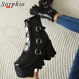 MURIOKI Ladies Platform Wedges Buckle Strap Heart Rivet Deisgn Chunky Heel Goth Boots Women Gothic Shoes Woman Ankle Short Black Fashion2022