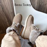 BeauToday Snow Boots Women Kid Suede Leather Lace Up Ankle Boots Warm Wool Ladies Winter Fur Shoes Handmade 08204