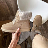 BeauToday Snow Boots Women Kid Suede Leather Lace Up Ankle Boots Warm Wool Ladies Winter Fur Shoes Handmade 08204