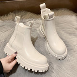 Women Chelsea Boots 2021 Ankle Boots PU Leather Autumn Winter Boots For Women Brown Beige Black Platform Boots Short Fur Sexy