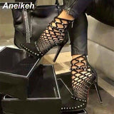 Graduation Shoes 2022 Gladiator Roman Sandals Summer Rivet Studded Cut Out Caged Ankle Boots Stiletto High Heel Women Sexy Shoes Pumps
