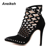 Graduation Shoes 2022 Gladiator Roman Sandals Summer Rivet Studded Cut Out Caged Ankle Boots Stiletto High Heel Women Sexy Shoes Pumps
