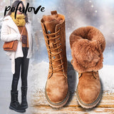 Pofulove Women's Boots Winter Shoes Fur Boots Plush Warm Snow Boots Black Brown Ankle Booties Anti Slip Leather Botas Punk Flats
