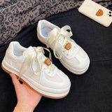 QWEEK Women's White Kawaii Bear Sneakers Canvas Shoes Sports Designer Flat Platform Running Rubber Casual Anime Vulcanize Spring