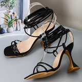 Graduation Shoes Summer Woman Shoes Sandals Basic Pu Fashion Cross-tied Spike Heels Lace-Up Party Pumps size 35- 42 Black White Apricot